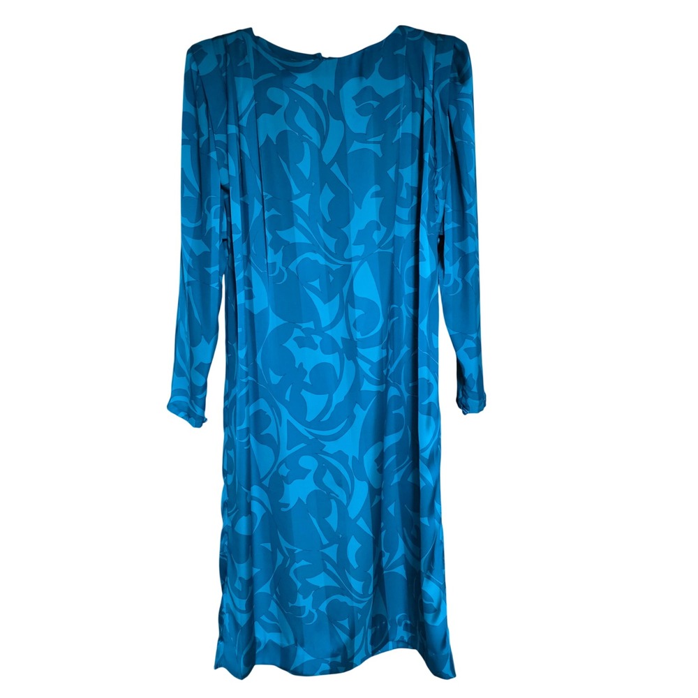 Vtg 1980s LA Chemise Teal Blue Abstract Floral Midi Shift Dress Size 12